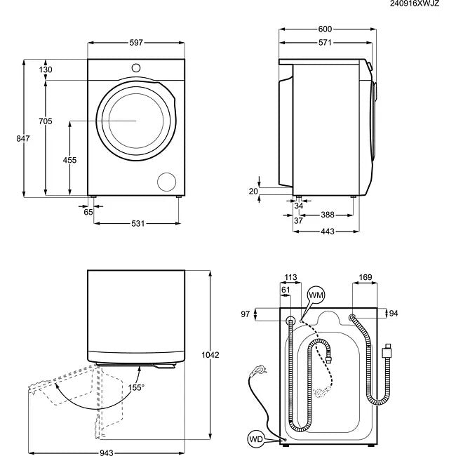AEG 220 volts steam washer dryer combo 220v 240 volt 9 kg washer 5 kg dryer combo 50 hz for use overseas model LWR7195220v