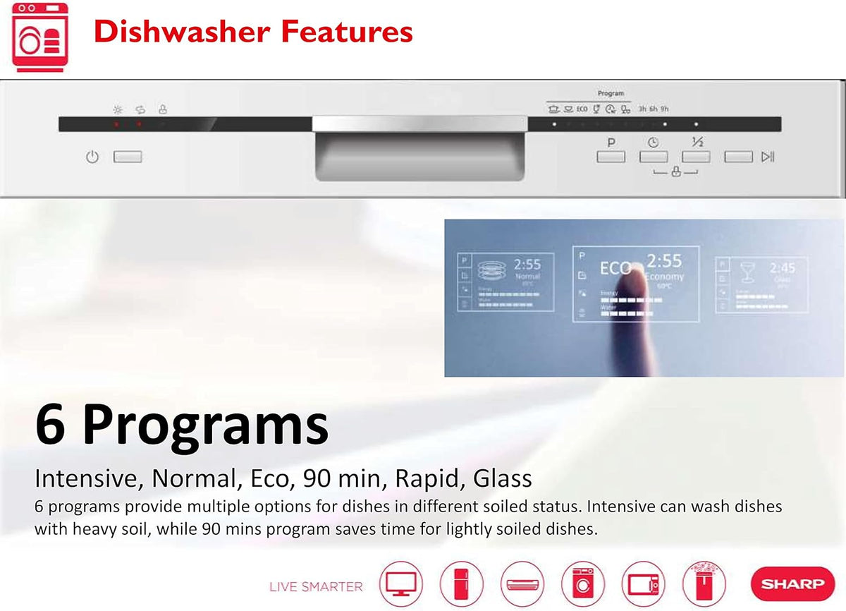Sharp 220 Volt Dishwasher 12 Place Settings 6 Programs 220V 50Hz QWMB612 Stainless Steel