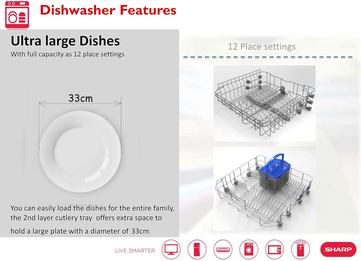 Sharp 220 Volt Dishwasher 12 Place Settings 6 Programs 220V 50Hz QWMB612 Stainless Steel